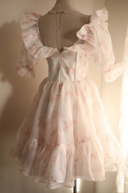 Pink Floral Short Homecoming Dress Puff Sleeve Corset Mini Gown F0199