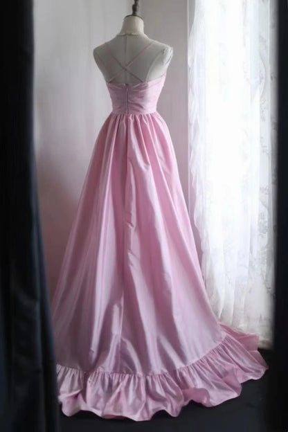 Pink Spaghetti Strap High Low Evening Dress Ruffled Formal Gown F0229
