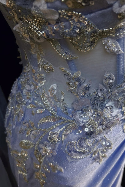 One‑Shoulder Corset Mermaid Gown With Appliqué Tulle Cape F0083