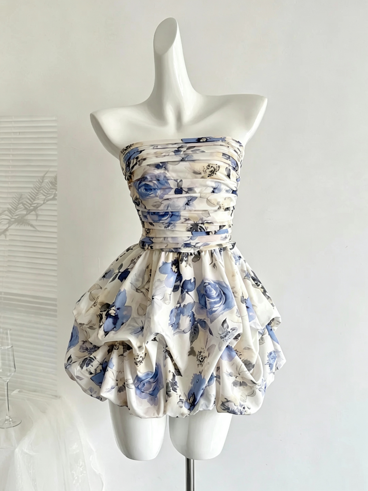 Floral Print Strapless Bubble Mini Dress Ruched Cocktail Gown F0214