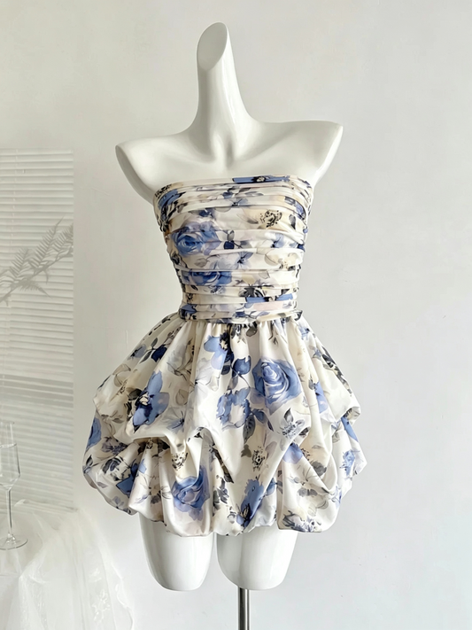 Floral Print Strapless Bubble Mini Dress Ruched Cocktail Gown F0214