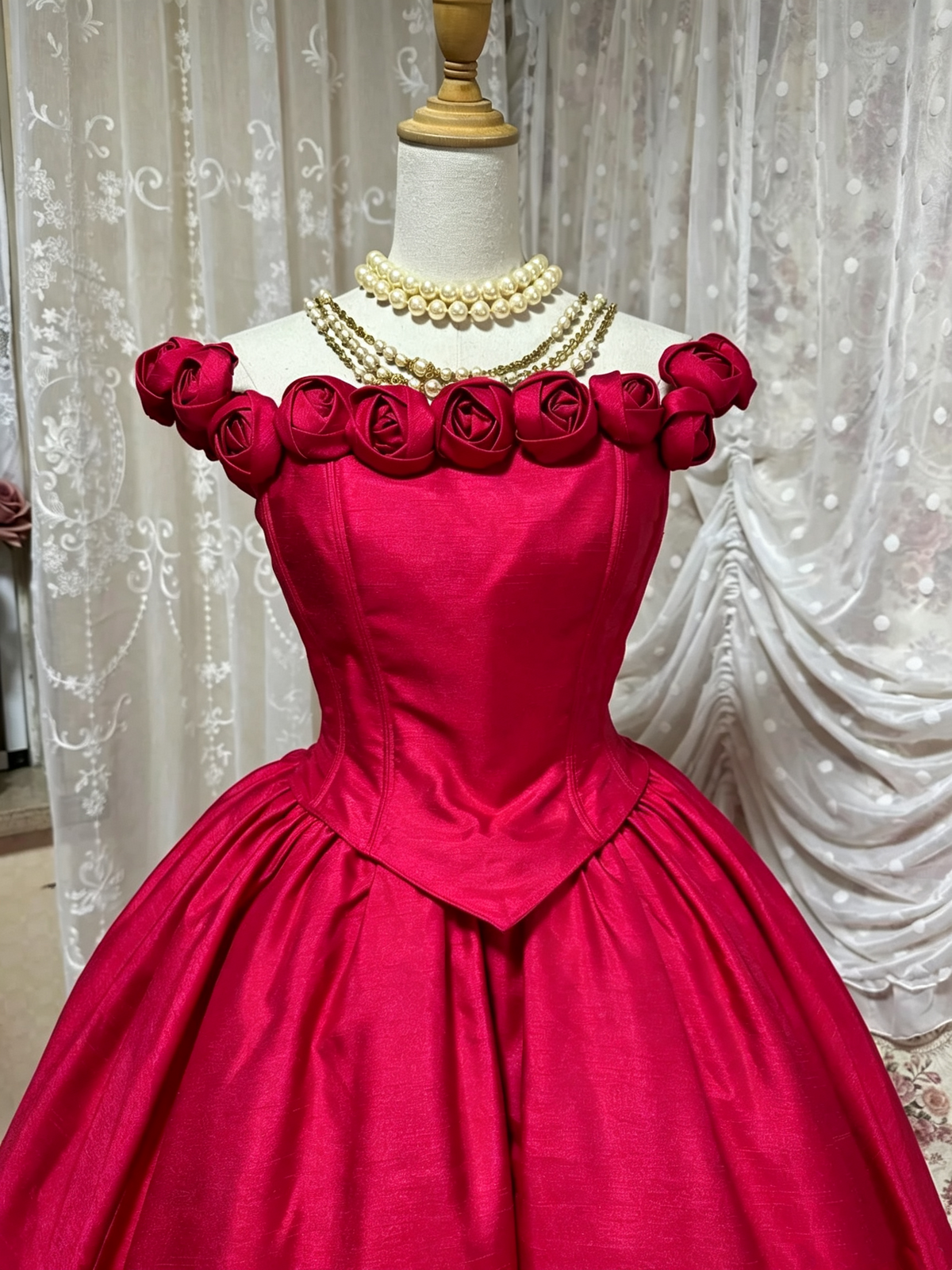 Vintage Red Off Shoulder Rose Corset Ballgown Formal Dress  F0269