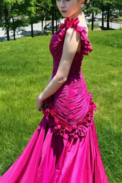 Fuchsia Satin Long Prom Dress 3D Floral Spaghetti Strap Ruched Formal Evening Gown F0030