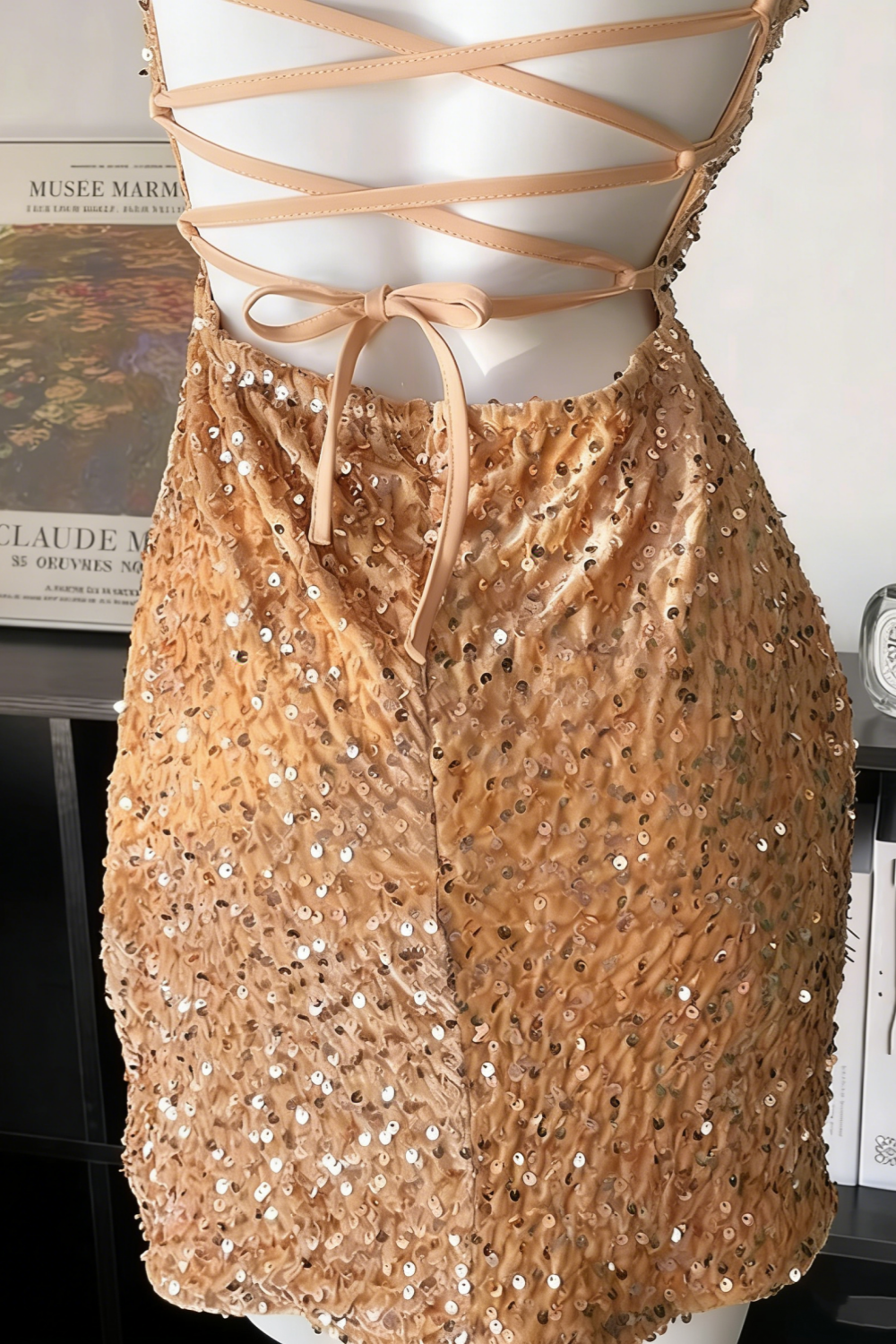 Sparkling sequined halter top birthday dress, sequined mini dress, backless sexy short party dress 007