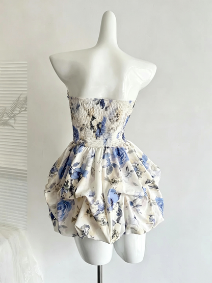Floral Print Strapless Bubble Mini Dress Ruched Cocktail Gown F0214