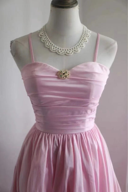 Pink Spaghetti Strap High Low Evening Dress Ruffled Formal Gown F0229
