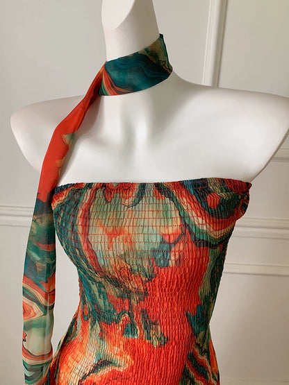Abstract Marble Print Strapless Maxi Dress With Neck Scarf F0477