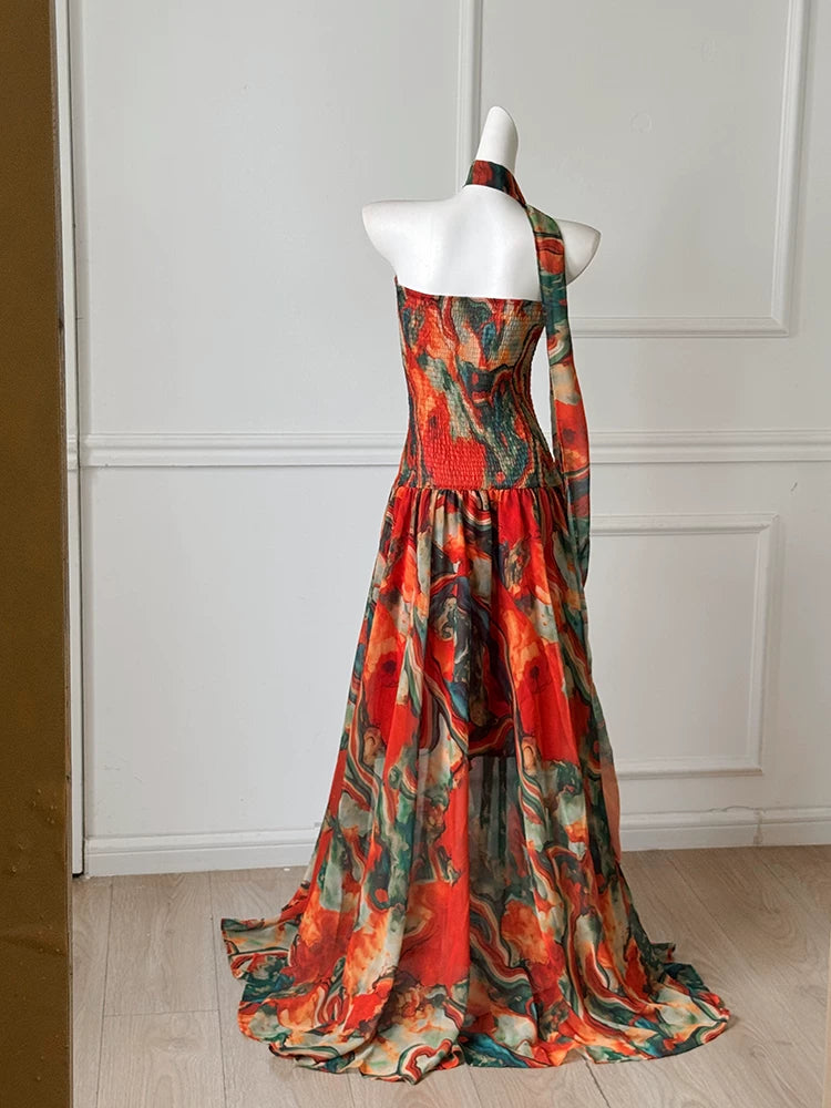 Abstract Marble Print Strapless Maxi Dress With Neck Scarf F0477
