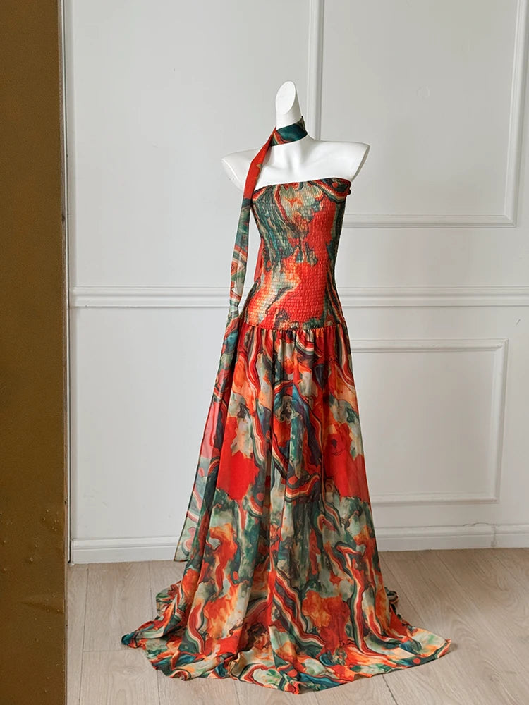 Abstract Marble Print Strapless Maxi Dress With Neck Scarf F0477