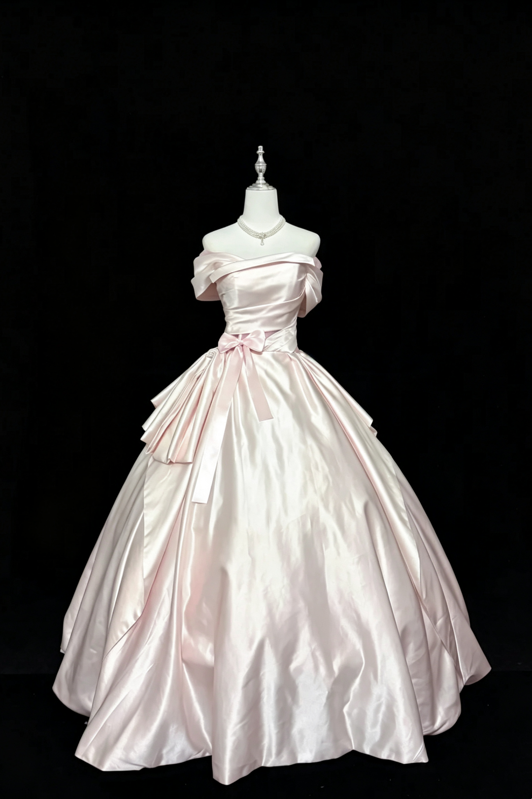 Light Pink Satin Off‑The‑Shoulder Ball Gown, Vintage Princess Prom Dress With Waist Bow F0048