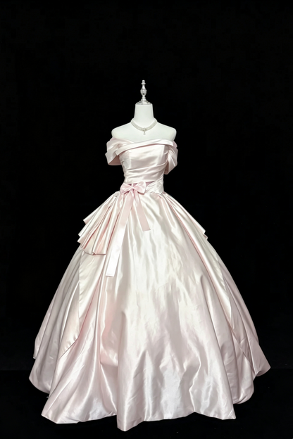 Light Pink Satin Off‑The‑Shoulder Ball Gown, Vintage Princess Prom Dress With Waist Bow F0048