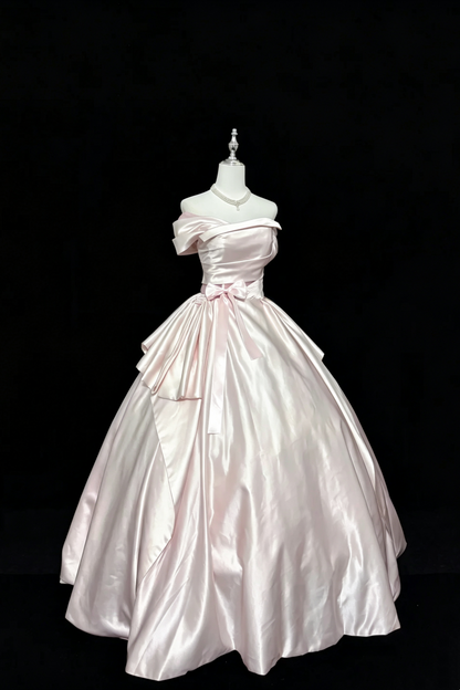 Light Pink Satin Off‑The‑Shoulder Ball Gown, Vintage Princess Prom Dress With Waist Bow F0048