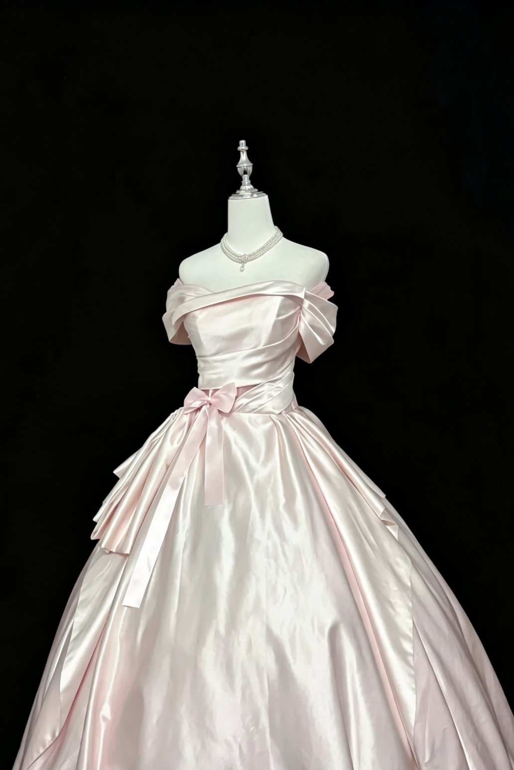 Light Pink Satin Off‑The‑Shoulder Ball Gown, Vintage Princess Prom Dress With Waist Bow F0048