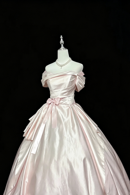 Light Pink Satin Off‑The‑Shoulder Ball Gown, Vintage Princess Prom Dress With Waist Bow F0048