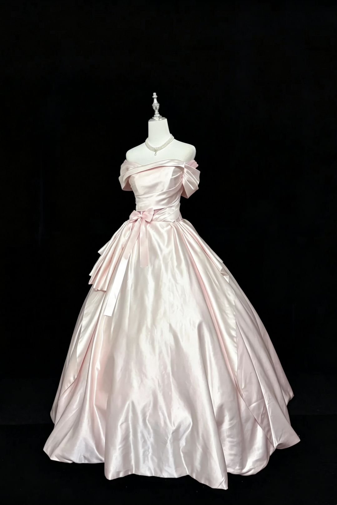 Light Pink Satin Off‑The‑Shoulder Ball Gown, Vintage Princess Prom Dress With Waist Bow F0048