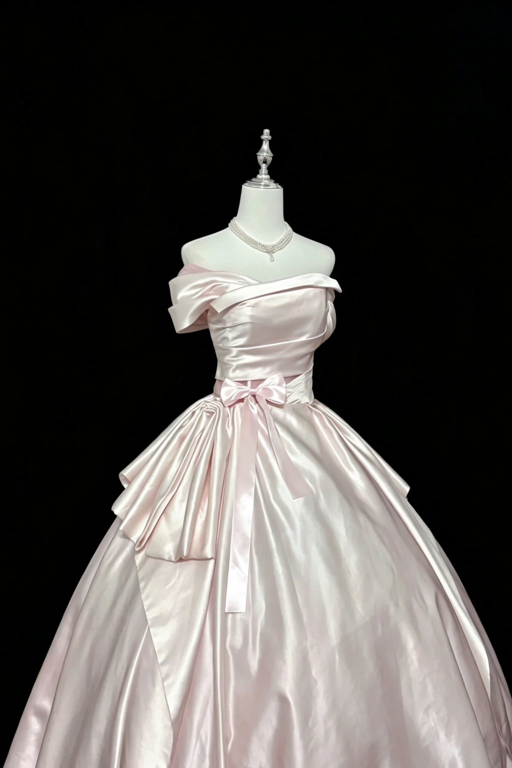 Light Pink Satin Off‑The‑Shoulder Ball Gown, Vintage Princess Prom Dress With Waist Bow F0048
