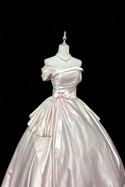 Light Pink Satin Off‑The‑Shoulder Ball Gown, Vintage Princess Prom Dress With Waist Bow F0048