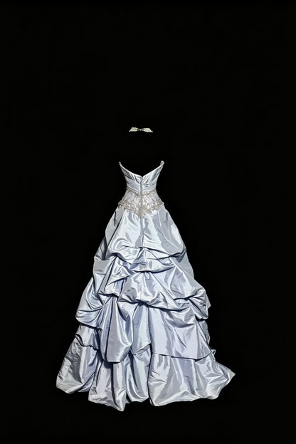 Vintage Ice Blue Strapless Ball Gown,Beaded Lace Taffeta Ruffled Evening Dress F0039