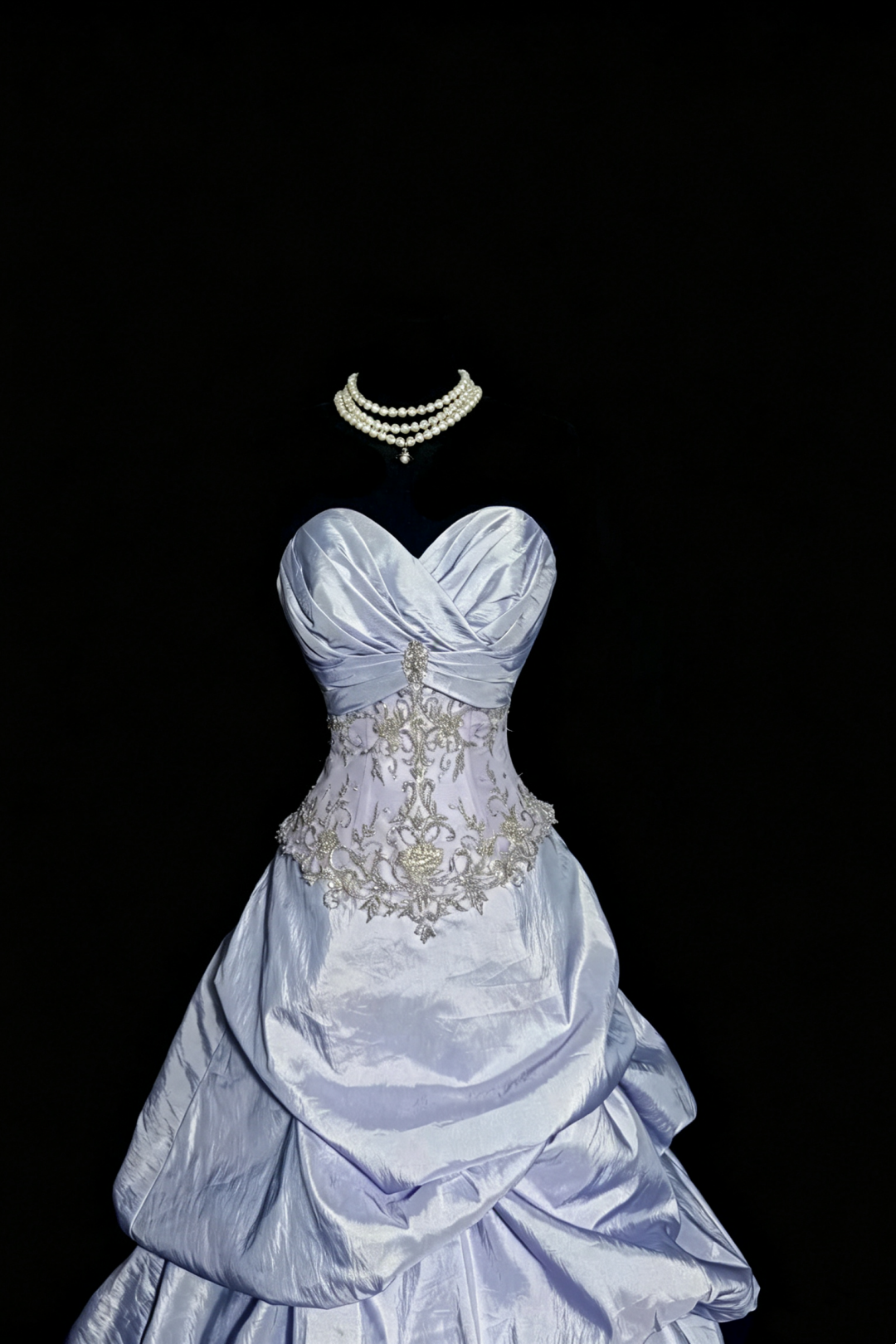 Vintage Ice Blue Strapless Ball Gown,Beaded Lace Taffeta Ruffled Evening Dress F0039