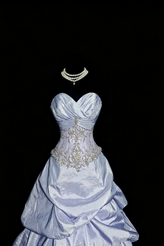 Vintage Ice Blue Strapless Ball Gown,Beaded Lace Taffeta Ruffled Evening Dress F0039