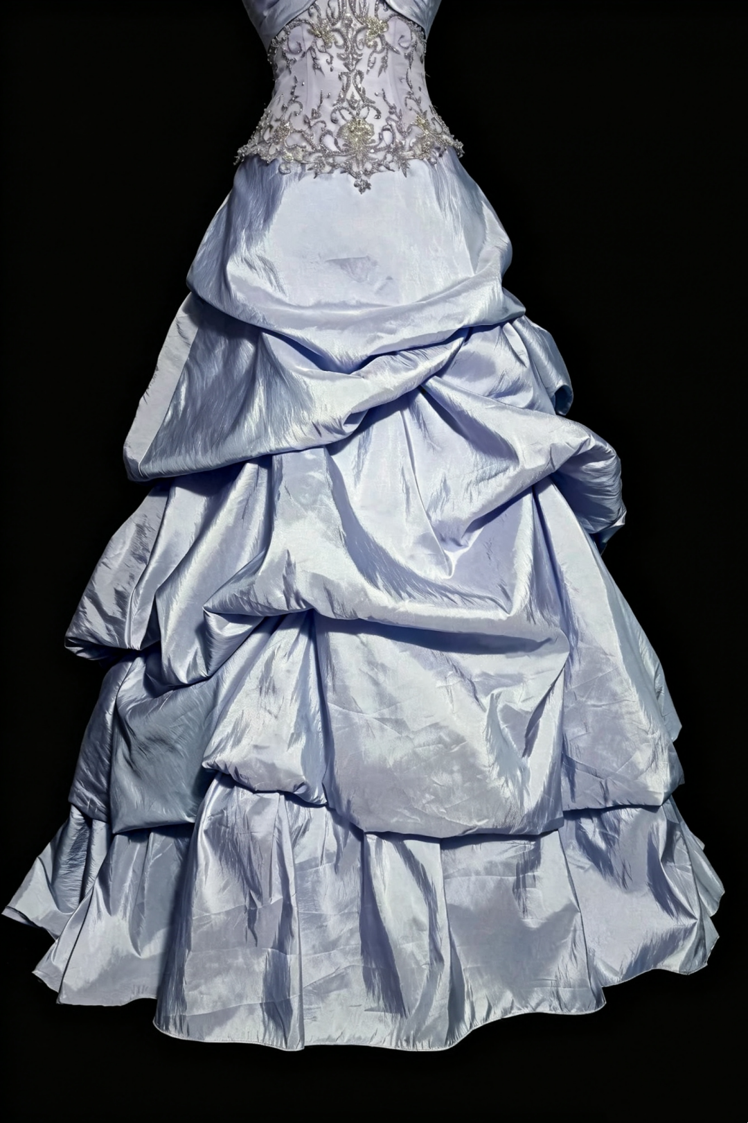 Vintage Ice Blue Strapless Ball Gown,Beaded Lace Taffeta Ruffled Evening Dress F0039