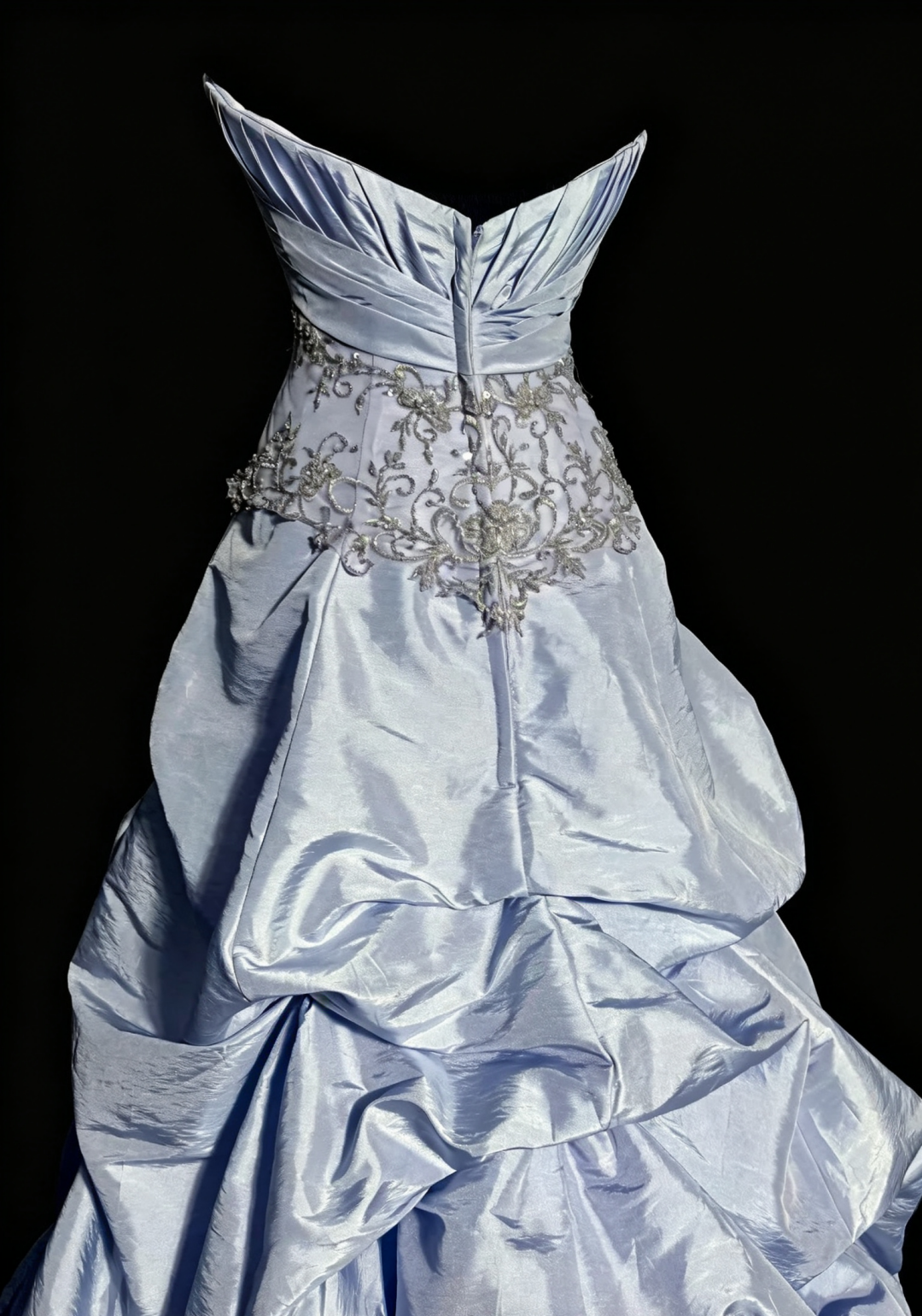 Vintage Ice Blue Strapless Ball Gown,Beaded Lace Taffeta Ruffled Evening Dress F0039