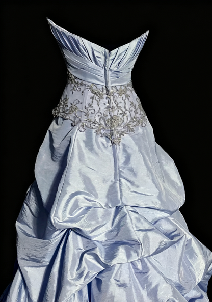 Vintage Ice Blue Strapless Ball Gown,Beaded Lace Taffeta Ruffled Evening Dress F0039