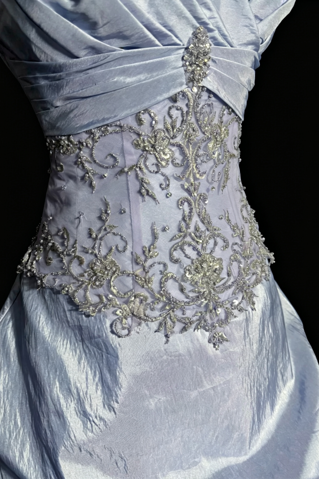 Vintage Ice Blue Strapless Ball Gown,Beaded Lace Taffeta Ruffled Evening Dress F0039