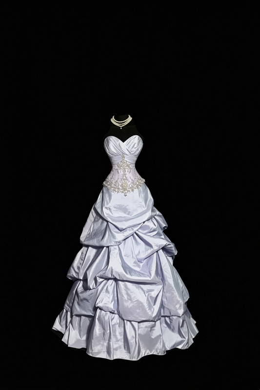Vintage Ice Blue Strapless Ball Gown,Beaded Lace Taffeta Ruffled Evening Dress F0039