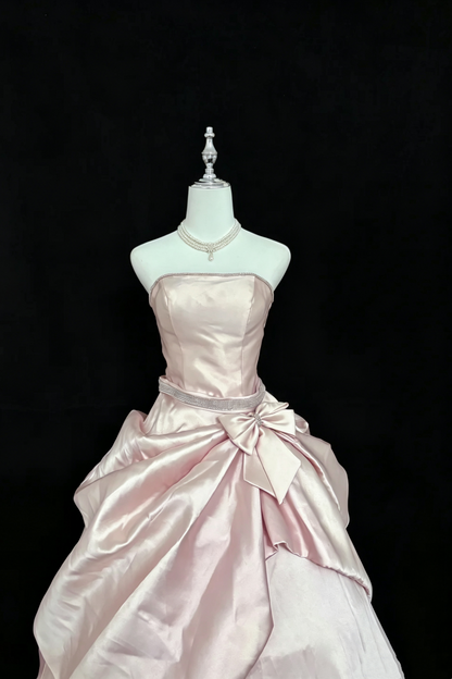 Quinceanera Dress Blush Pink Satin Strapless Ball Gown With Rhinestone Belt Big Bow F004