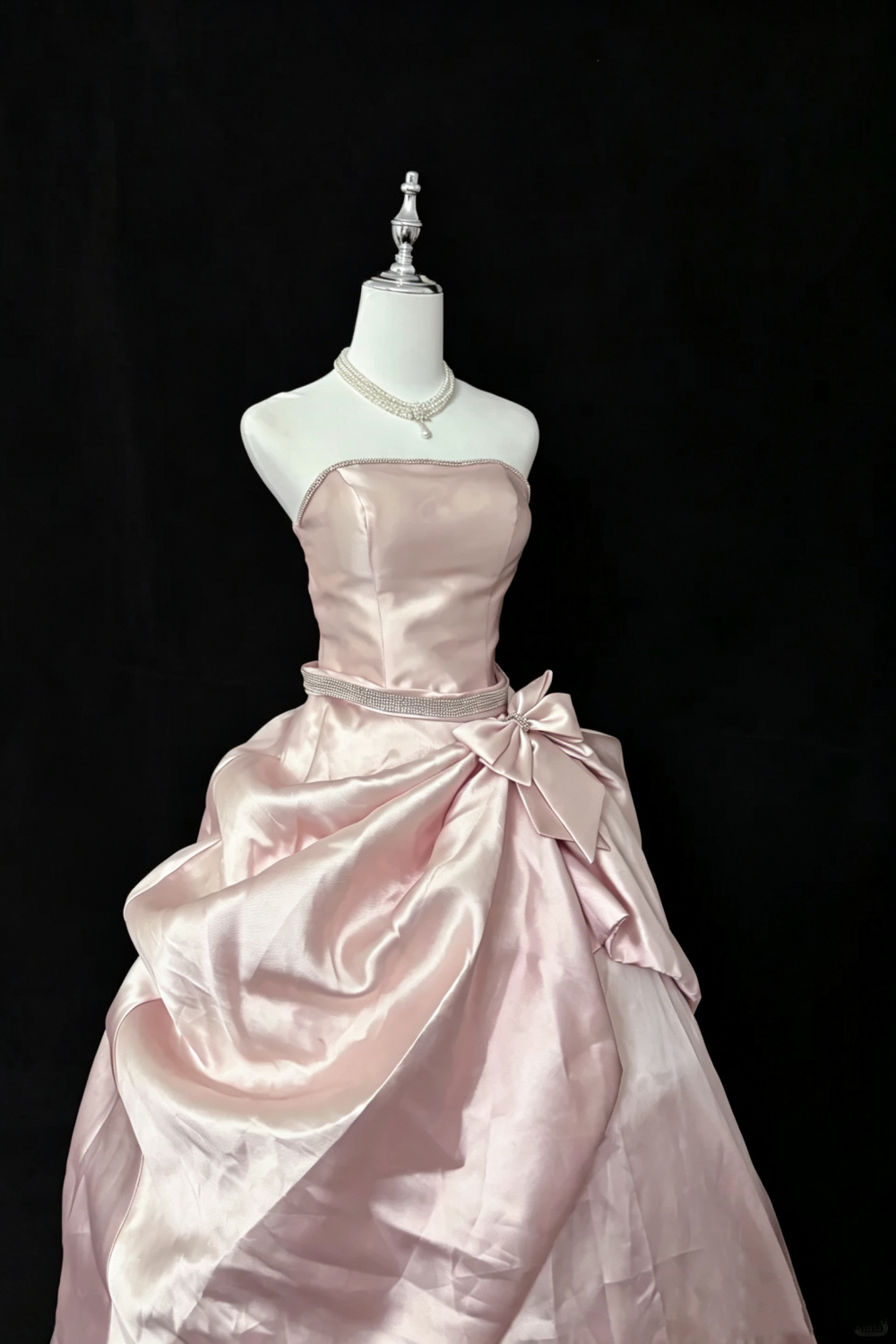 Quinceanera Dress Blush Pink Satin Strapless Ball Gown With Rhinestone Belt Big Bow F004