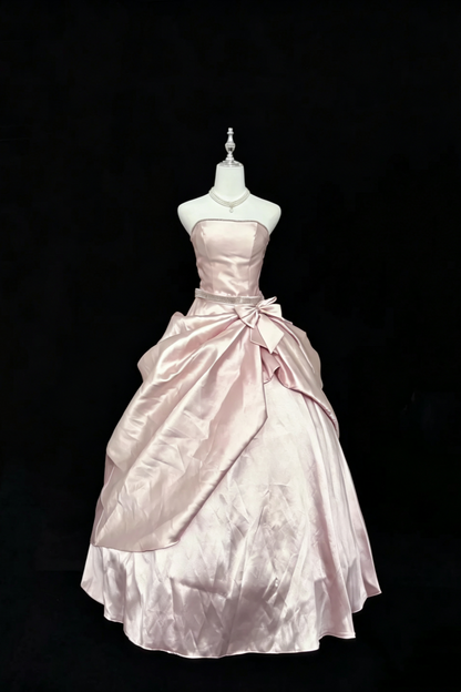 Quinceanera Dress Blush Pink Satin Strapless Ball Gown With Rhinestone Belt Big Bow F004