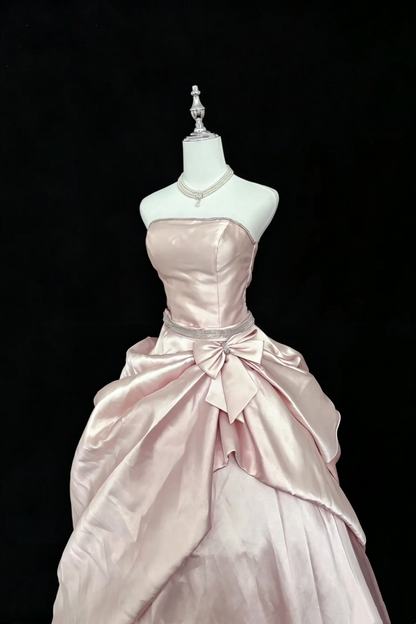 Quinceanera Dress Blush Pink Satin Strapless Ball Gown With Rhinestone Belt Big Bow F004