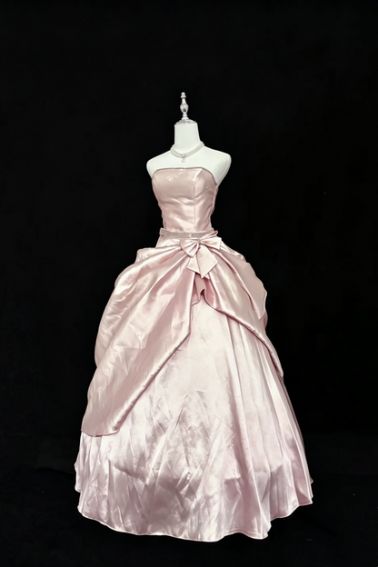 Quinceanera Dress Blush Pink Satin Strapless Ball Gown With Rhinestone Belt Big Bow F004