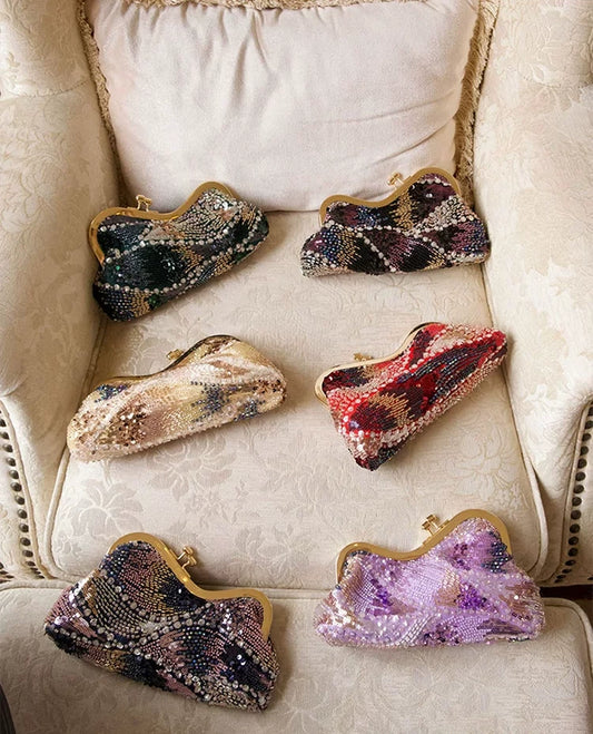 Beaded Sequin Evening Clutch, Wavy Gold Frame Party Handbag B009