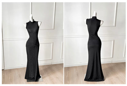 Black Glitter High Neck Sleeveless Mermaid Maxi Dress, Evening Party Dress F0483