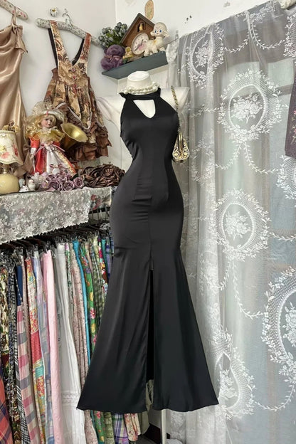 Black Halter Neck Keyhole Split Mermaid Long Evening Dress F0518