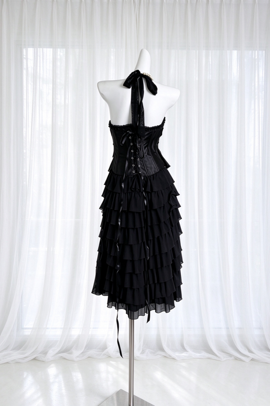 Black Halter Tiered Ruffle High Low Cocktail Evening Dress F0524