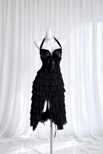 Black Halter Tiered Ruffle High Low Cocktail Evening Dress F0524