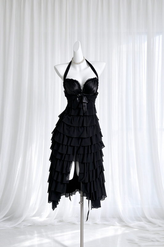 Black Halter Tiered Ruffle High Low Cocktail Evening Dress F0524