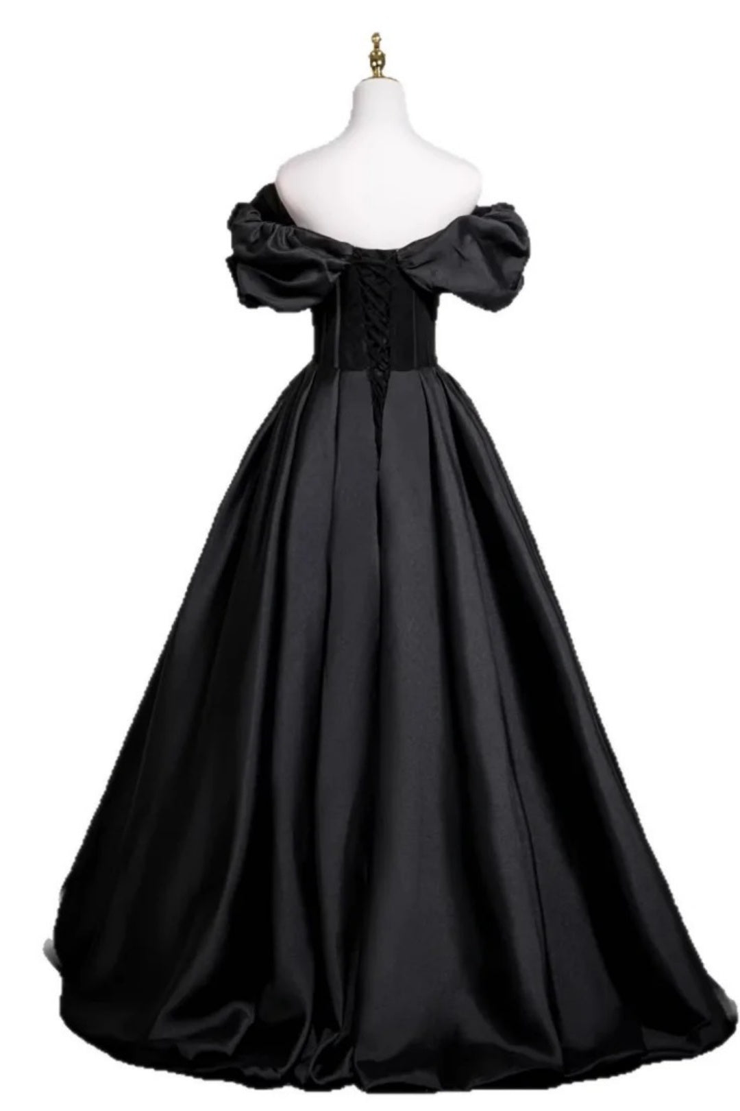 Black Satin Off Shoulder Puff Sleeve Ball Gown Evening Dress F0523