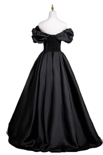 Black Satin Off Shoulder Puff Sleeve Ball Gown Evening Dress F0523