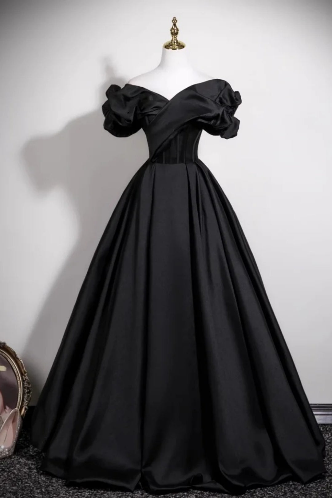 Black Satin Off Shoulder Puff Sleeve Ball Gown Evening Dress F0523