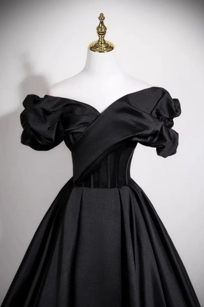 Black Satin Off Shoulder Puff Sleeve Ball Gown Evening Dress F0523