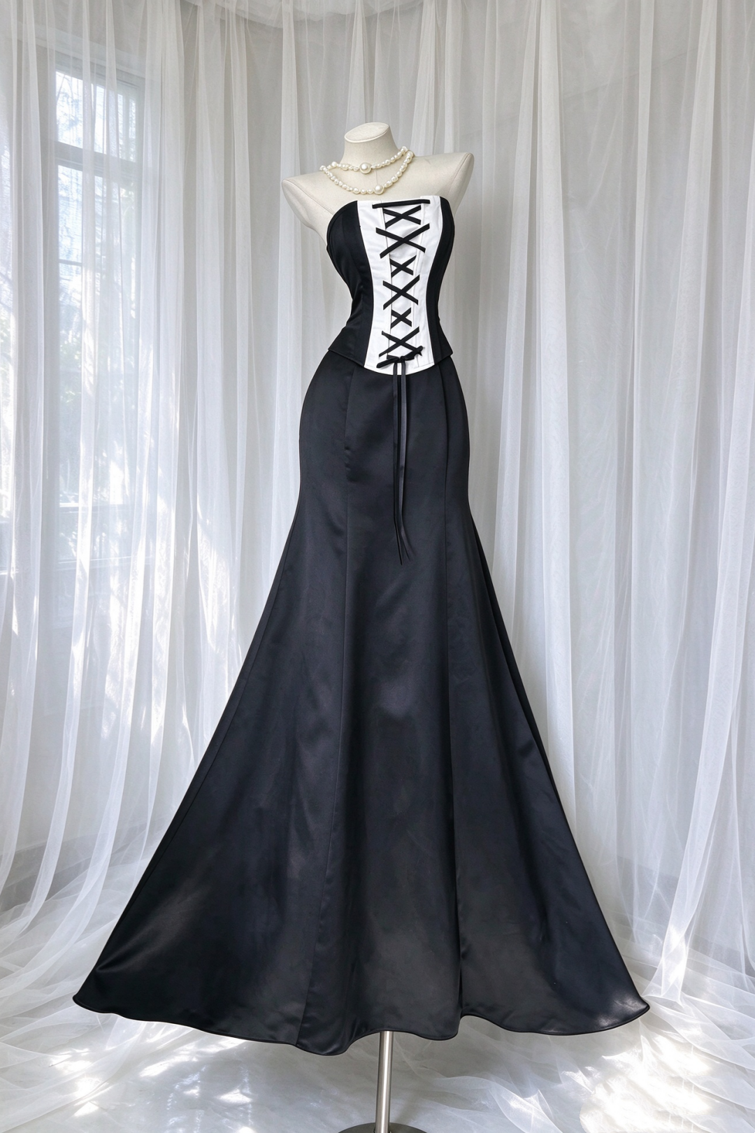 Black Strapless Lace Up Corset Mermaid Long Evening Dress F0517