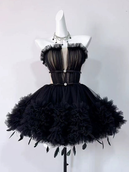 Black Strapless Tulle Feather Mini Homecoming Dress F0331