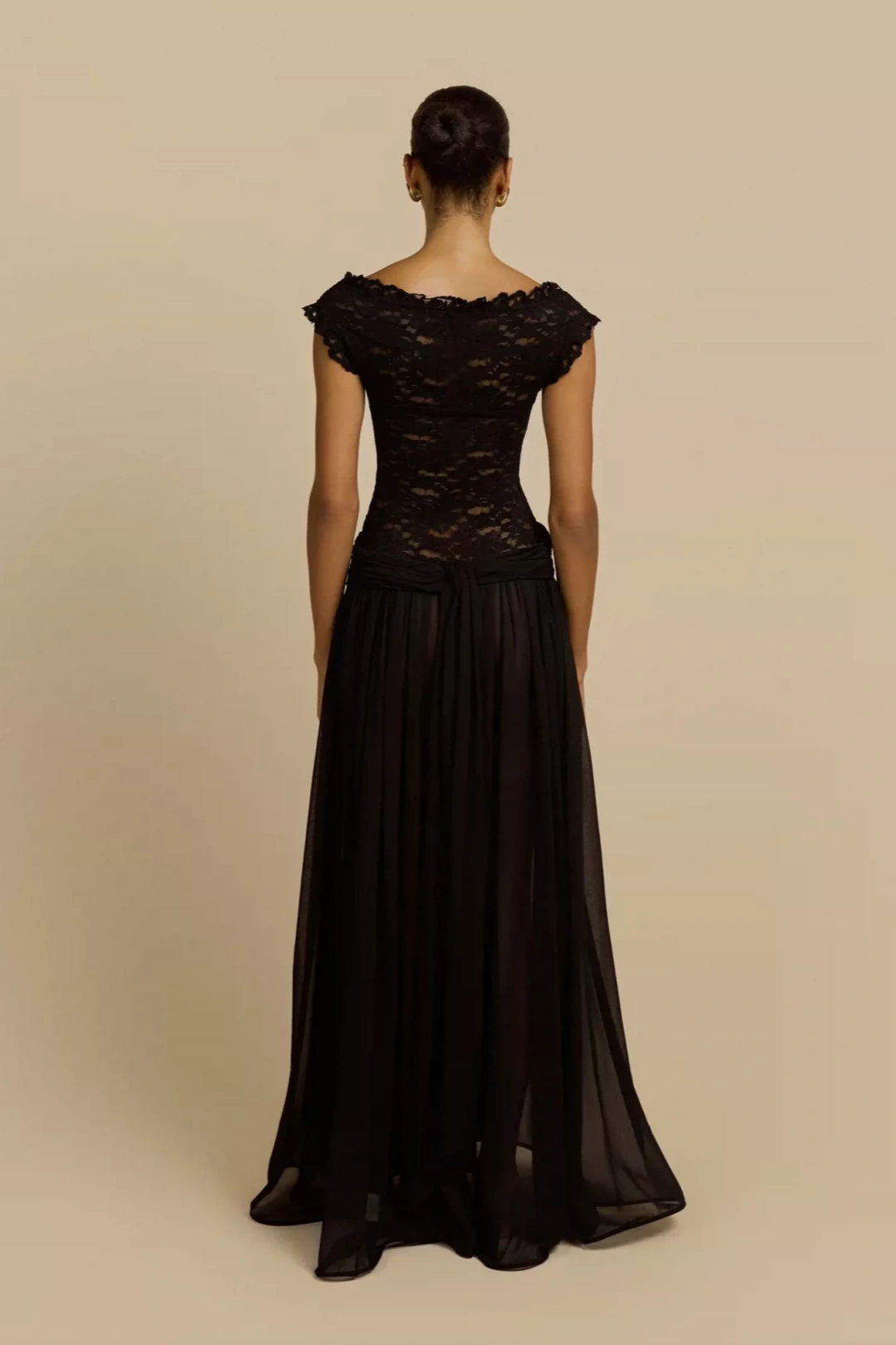 Black V Neck Lace Chiffon Evening Dress Ruched Waist Sheer Flowy Gown L043