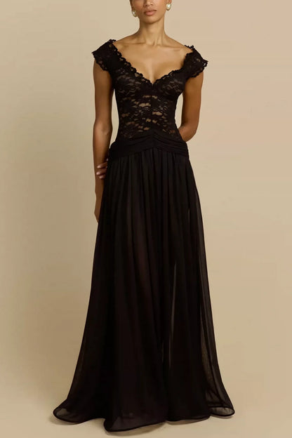 Black V Neck Lace Chiffon Evening Dress Ruched Waist Sheer Flowy Gown L043