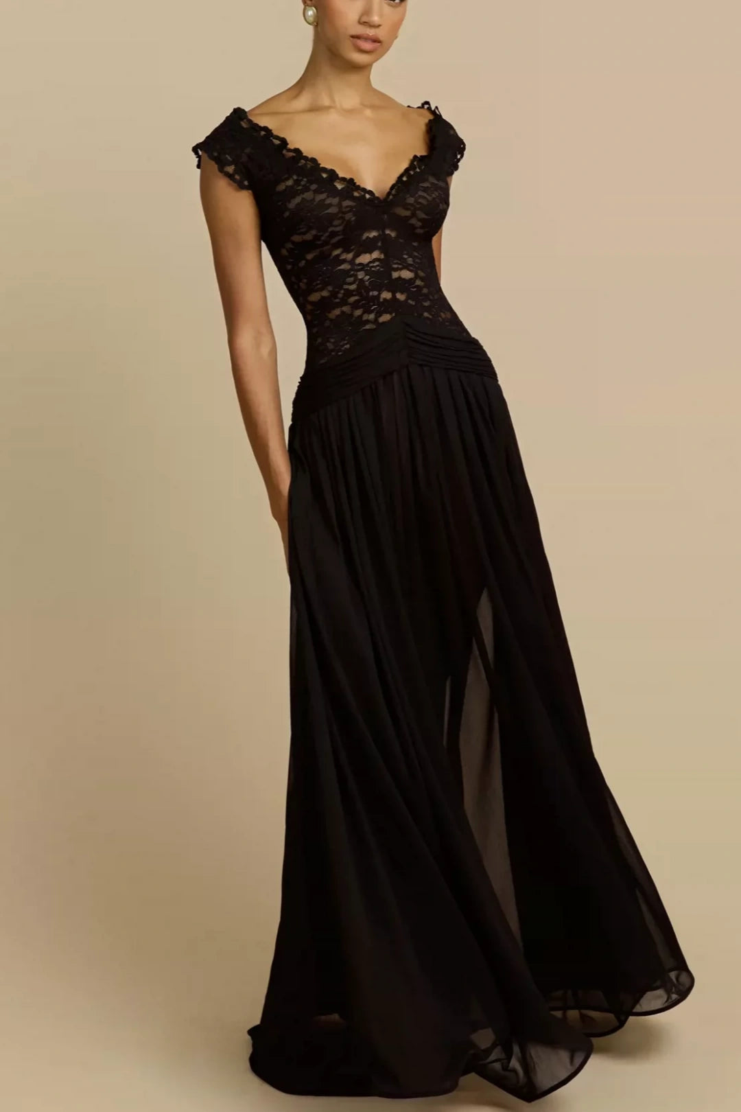Black V Neck Lace Chiffon Evening Dress Ruched Waist Sheer Flowy Gown L043