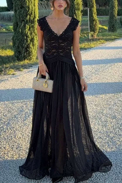 Black V Neck Lace Chiffon Evening Dress Ruched Waist Sheer Flowy Gown L043
